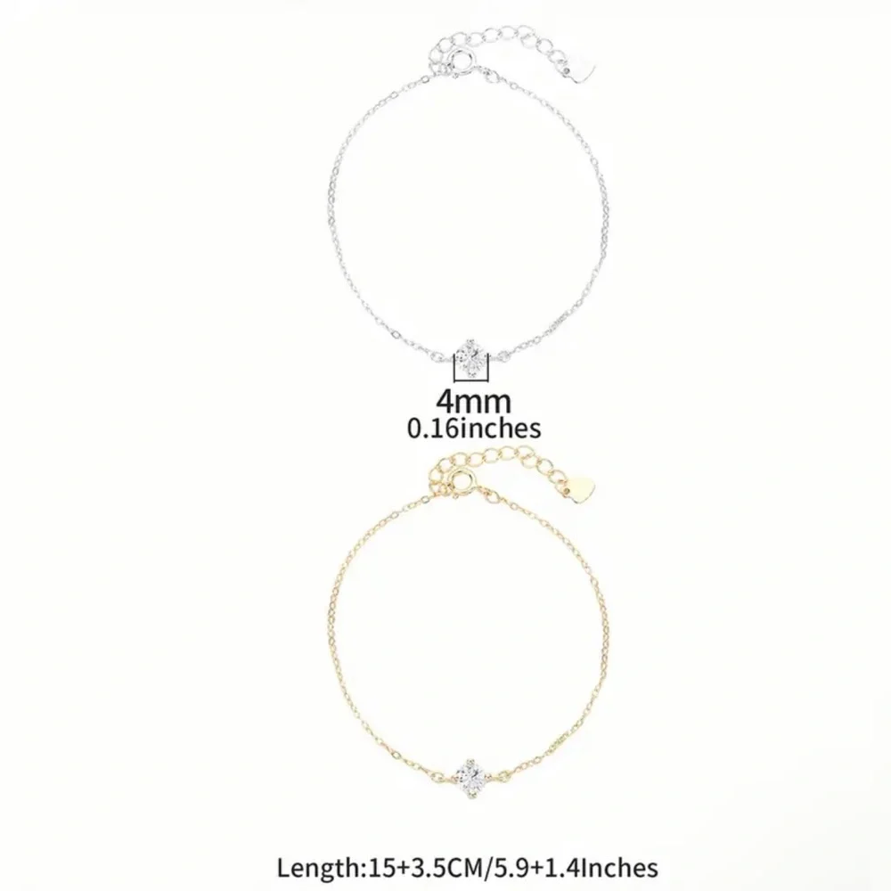 925 Sterling Silver 4-Prong Round White Zircon Charm Bracelet New in Packaging